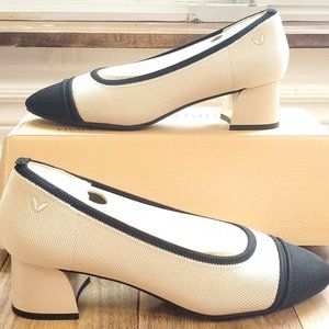 Cream and Black Block Heel Pumps